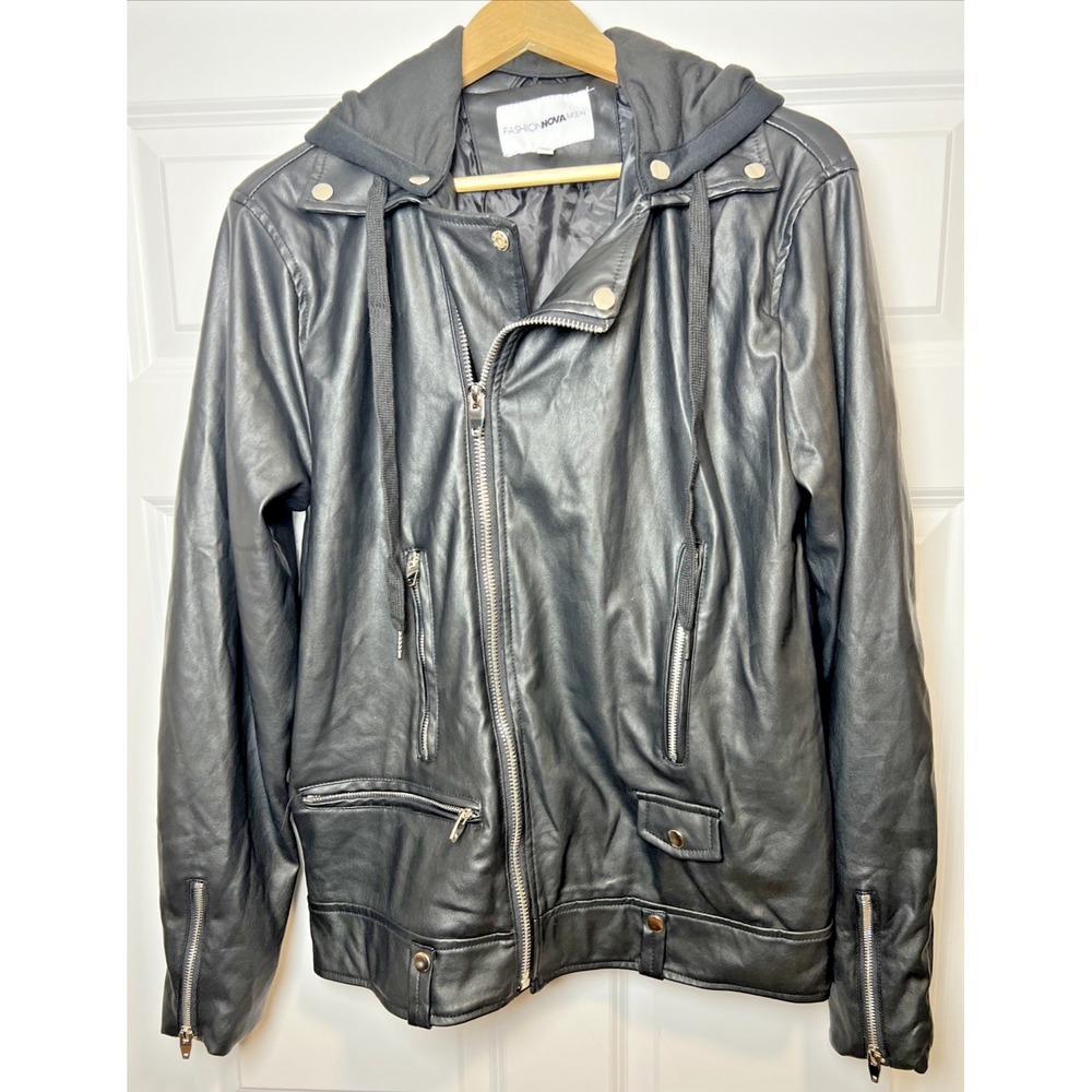 FashionNova Men Small Black Moto Jacket (Faux) PU Leather Removable Hood Pocket